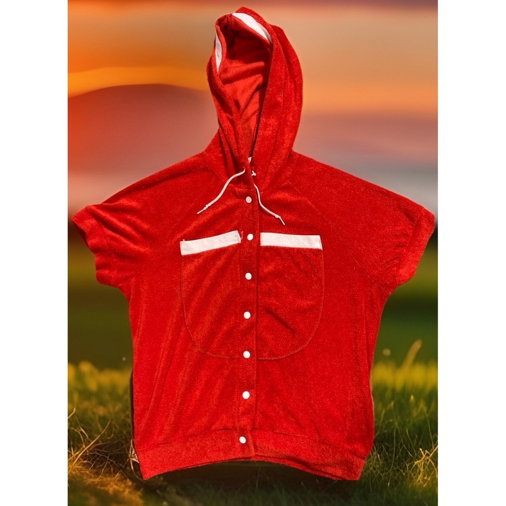 Grandpa Sears Mate Hooded Velour Top Red Snap Front Short Sleeve Retro 70s